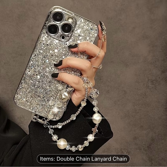 Silver Glitter Phone Charm with Chain - Picture 4 of 8